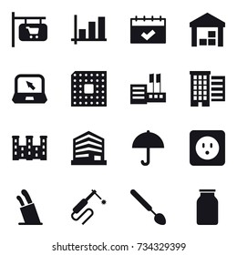 16 vector icon set : shop signboard, graph, calendar, warehouse, notebook, cpu, store, houses, palace, power socket, stands for knives, big spoon