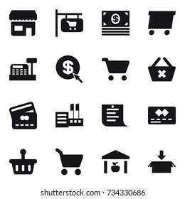 16 vector icon set : shop, shop signboard, money, delivery, cashbox, dollar arrow, cart, delete cart, credit card, store, shopping list, warehouse, package