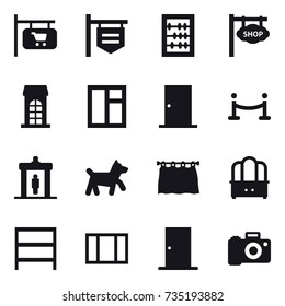 16 vector icon set : shop signboard, abacus, building, window, door, vip fence, detector, dog, curtain, dresser, rack