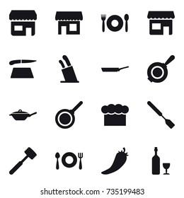 16 vector icon set : shop, cafe, cutting board, stands for knives, pan, chef  hat, spatula, meat hammer, hot pepper, wine