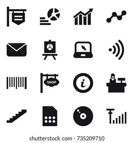 16 vector icon set : shop signboard, diagram, graph, mail, presentation, notebook, wireless, barcode, info, reception, stairs