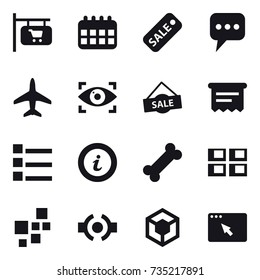 16 vector icon set : shop signboard, calendar, sale, message, plane, eye identity, atm receipt, list, info, panel house