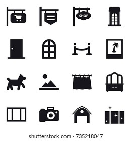 16 vector icon set : shop signboard, building, door, arch window, vip fence, photo, dog, landscape, curtain, dresser, window, barn, clean  window