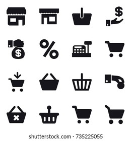 16 vector icon set : shop, basket, investment, money gift, percent, cashbox, cart, add to cart, hand coin, delete cart
