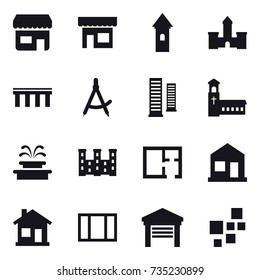 16 vector icon set : shop, tower, castle, bridge, draw compass, skyscrapers, church, fountain, palace, plan, home, window, garage