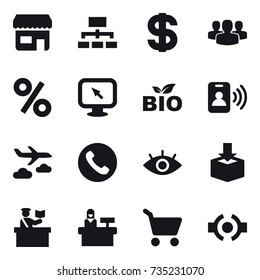 16 vector icon set : shop, hierarchy, dollar, group, percent, monitor arrow, bio, pass card, journey, phone, inspector, reception, cart