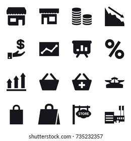 16 vector icon set : shop, coin stack, crisis, investment, statistic, presentation, percent, graph up, basket, add to basket, scales, shopping bag, store signboard, mall