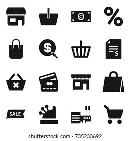 16 vector icon set : shop, basket, money, percent, shopping bag, dollar arrow, account balance, delete cart, credit card, sale, cashbox, mall, cart