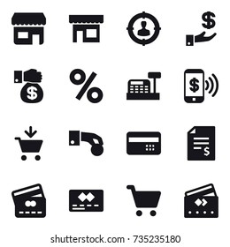 16 vector icon set : shop, target audience, investment, money gift, percent, cashbox, phone pay, add to cart, hand coin, credit card, account balance