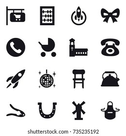 16 vector icon set : shop signboard, abacus, rocket, bow, phone, baby stroller, church, disco ball, chair, kettle, walnut crack, horseshoe, windmill, apron