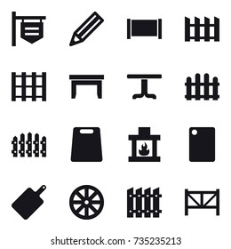 16 vector icon set : shop signboard, pencil, fence, table, cutting board, fireplace, wheel, farm fence