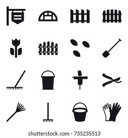 16 vector icon set : shop signboard, greenhouse, fence, seeds, shovel, rake, bucket, scarecrow, pruner, gloves