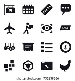 16 vector icon set : shop signboard, calendar, sale, message, plane, courier, eye identity, atm receipt, list, info, chicken