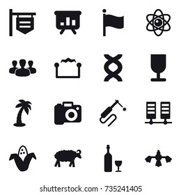 16 vector icon set : shop signboard, presentation, flag, atom, group, electrostatic, palm, camera, corn, sheep, wine, hard reach place cleaning