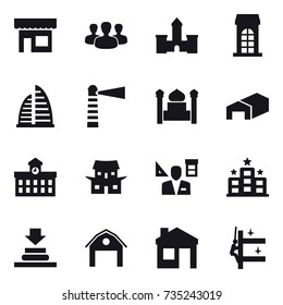 16 vector icon set : shop, group, castle, building, skyscraper, lighthouse, minaret, warehouse, university, japanese house, architector, hotel, barn, house, skyscrapers cleaning