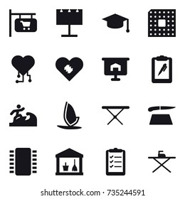 16 vector icon set : shop signboard, billboard, graduate hat, cpu, cardio chip, presentation, surfer, windsurfing, iron board, cutting board, utility room, clipboard list