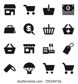 16 vector icon set : shop, cart, basket, money, shopping bag, dollar arrow, add to basket, remove from basket, store, label