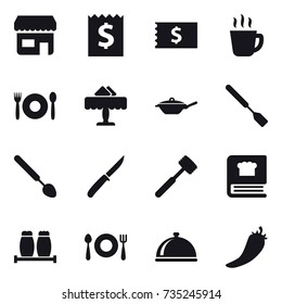 16 vector icon set : shop, receipt, hot drink, cafe, restaurant, pan, spatula, big spoon, knife, meat hammer, hot pepper