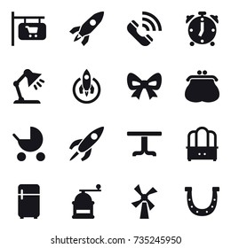 16 vector icon set : shop signboard, rocket, call, alarm clock, table lamp, bow, purse, baby stroller, table, dresser, fridge, hand mill, windmill, horseshoe