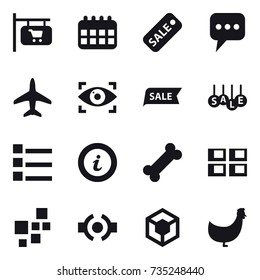 16 vector icon set : shop signboard, calendar, sale, message, plane, eye identity, list, info, panel house, chicken