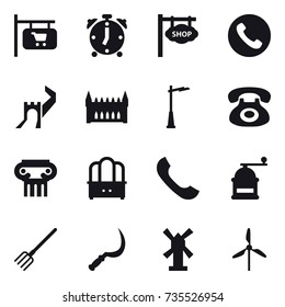 16 vector icon set : shop signboard, alarm clock, phone, greate wall, gothic architecture, outdoor light, antique column, dresser, hand mill, fork, sickle, windmill