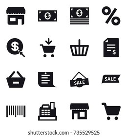 16 vector icon set : shop, money, percent, dollar arrow, add to cart, basket, account balance, remove from basket, shopping list, sale, barcode, cashbox