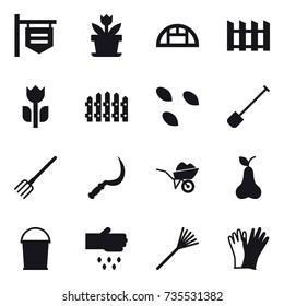 16 vector icon set : shop signboard, flower, greenhouse, fence, seeds, shovel, fork, sickle, wheelbarrow, pear, bucket, sow, rake, gloves