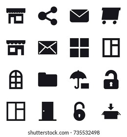 16 vector icon set : shop, share, mail, delivery, window, arch window, unlocked, door, package