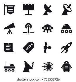 16 vector icon set : shop signboard, billboard, satellite antenna, telescope, laser, ufo, lunar rover, shopping list, sale label