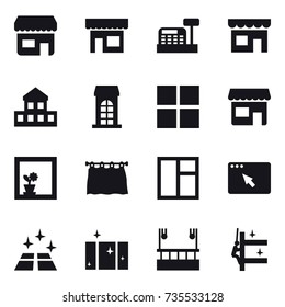 16 vector icon set : shop, cashbox, cottage, building, window, flower in window, curtain, clean floor, clean  window, skyscapers cleaning, skyscrapers cleaning