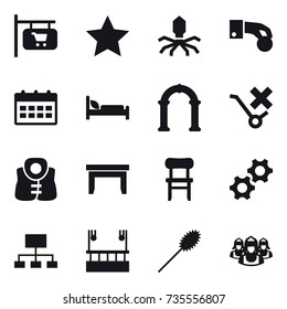 16 vector icon set : shop signboard, star, virus, hand coin, calendar, arch, life vest, table, chair, hierarchy, skyscapers cleaning, duster, outsource
