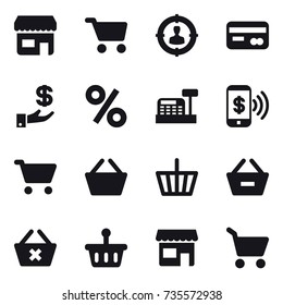 16 vector icon set : shop, cart, target audience, card, investment, percent, cashbox, phone pay, basket, remove from basket, delete cart