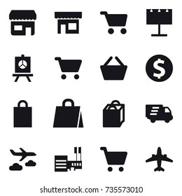 16 vector icon set : shop, cart, billboard, presentation, basket, dollar coin, shopping bag, delivery, journey, mall, airplane