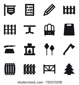 16 vector icon set : shop signboard, abacus, pencil, fence, table, dresser, cutting board, fireplace, trees, axe, barrel, farm fence, spruce