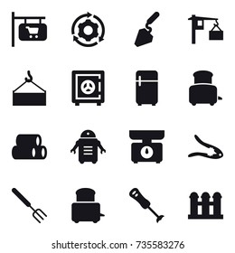 16 vector icon set : shop signboard, around gear, construction, safe, fridge, toaster, kitchen scales, walnut crack, big fork, grain elevator