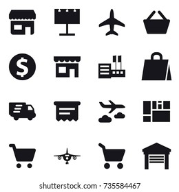 16 vector icon set : shop, billboard, plane, basket, dollar coin, store, shopping bag, delivery, atm receipt, journey, cart, garage