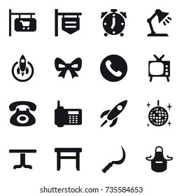 16 vector icon set : shop signboard, alarm clock, table lamp, rocket, bow, phone, tv, disco ball, table, stool, sickle, apron