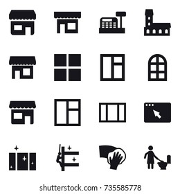 16 vector icon set : shop, cashbox, mansion, window, arch window, clean  window, skyscrapers cleaning, wiping, toilet cleaning