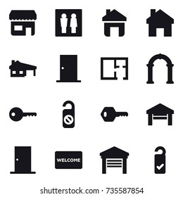 16 vector icon set : shop, wc, home, house with garage, door, plan, arch, key, do not distrub, garage, welcome mat, please clean