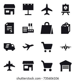 16 vector icon set : shop, billboard, plane, presentation, account balance, store, shopping bag, delivery, airplane, cart, garage