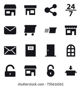 16 vector icon set : shop, share, 24/7, mail, delivery, copybook, door, arch window, unlock, package