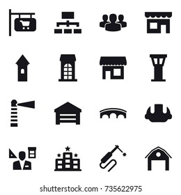 16 vector icon set : shop signboard, hierarchy, group, shop, tower, building, airport tower, lighthouse, garage, bridge, building helmet, architector, hotel, barn