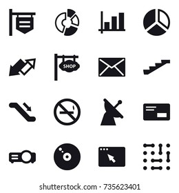 16 vector icon set : shop signboard, circle diagram, graph, diagram, up down arrow, mail, stairs, escalator, no smoking