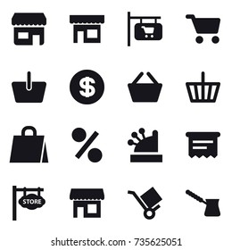 16 vector icon set : shop, shop signboard, cart, basket, dollar, shopping bag, percent, cashbox, atm receipt, store signboard, turk