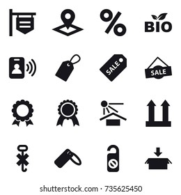 16 vector icon set : shop signboard, pointer, percent, bio, pass card, label, sale label, sale, medal, do not distrub, package