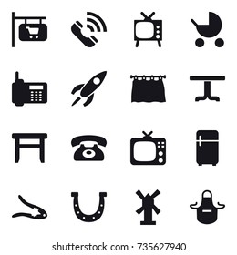 16 vector icon set : shop signboard, call, tv, baby stroller, curtain, table, stool, phone, fridge, walnut crack, horseshoe, windmill, apron