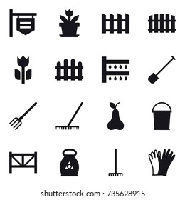 16 vector icon set : shop signboard, flower, fence, watering, shovel, fork, rake, pear, bucket, farm fence, fertilizer, gloves