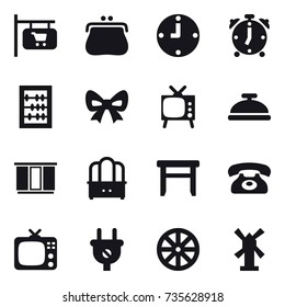 16 vector icon set : shop signboard, purse, clock, alarm clock, abacus, bow, tv, service bell, wardrobe, dresser, stool, phone, wheel, windmill