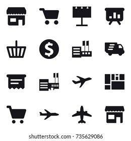 16 vector icon set : shop, cart, billboard, presentation, basket, dollar coin, store, delivery, atm receipt, mall, plane, airplane