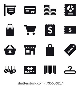 16 vector icon set : shop signboard, card, coin stack, annual report, shopping bag, cart, receipt, delete cart, shop, sale label, sale, hanger